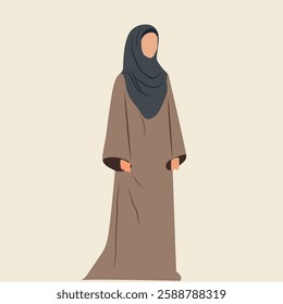 Minimalist vector illustration of a woman in a brown abaya and hijab, standing gracefully. Modest fashion, traditional clothing, and cultural diversity concept