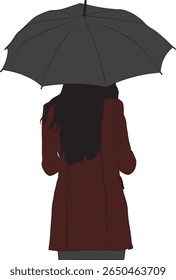 Minimalist vector illustration of a woman in a brown coat holding a black umbrella, seen from behind. Perfect for use in fashion designs, weather concepts, solitude themes, or autumn and rainy day pro