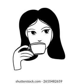 Minimalist Vector Illustration of Woman Drinking Coffee or Tea