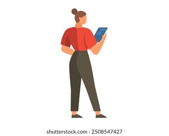 A minimalist vector illustration of a woman holding a tablet, depicted in red and green shades. The design is modern and clean, representing themes of technology, communication, and simplicity.