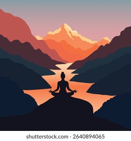 Minimalist vector illustration of a woman meditating in lotus pose on a mountaintop during sunset. Surrounded by layered mountain silhouettes and a glowing river, this peaceful scene conveys harmony
