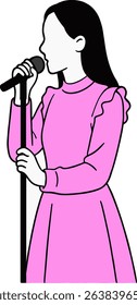 Minimalist vector illustration of a woman singer holding a microphone while performing. The female figure is wearing a bright pink dress and is shown in a side view. Suitable for music-themed projects