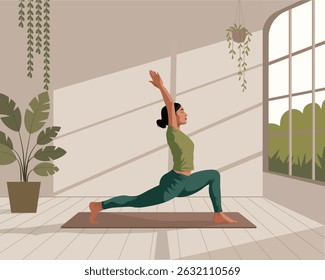 Minimalist Vector Illustration of Woman in Warrior Yoga Pose in Serene Studio with Plants, Wooden Floor, and Earthy Background