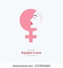 Ilustración vectorial minimalista del perfil de una mujer que emerge de un símbolo de género de Venus rosa para el Día Internacional de la Mujer sobre un fondo blanco.