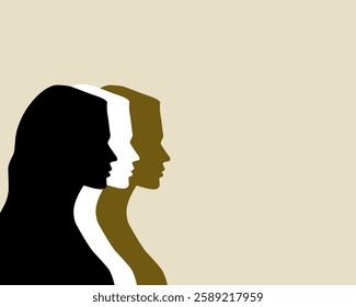 Minimalist vector illustration of women's silhouettes in different colors, symbolizing diversity, unity, and empowerment. Perfect for Women's Day campaign, feminism, and equality themes