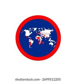 Uma ilustração vetorial minimalista de um mapa de mundo apresentado dentro de um distintivo circular vermelho e azul.