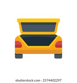 Minimalist vector illustration of a yellow car with an open trunk, offering a rear view of the vehicle