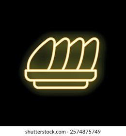 Minimalist vector illustration of a yellow neon sign representing a plate with four empanadas on a black background