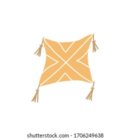 Minimalist vector illustration of yellow pillow with geometric ornament and tassels. Decorative element.