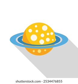 Minimalist vector illustration of a yellow planet with planetary rings, orbiting in the vast expanse of outer space