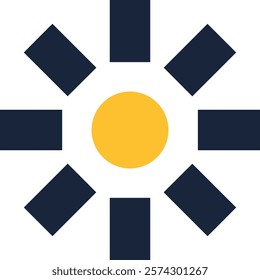 Minimalist vector illustration of a yellow sun shining with dark blue rays on a white background, representing concepts like energy, light, and nature