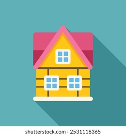 Minimalist vector illustration of a yellow wooden house with a pink roof, casting a long shadow on a blue background