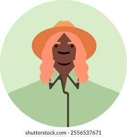 Minimalist vector illustration of a young black woman with pink hair wearing an orange hat and a green collared shirt, smiling confidently within a circular light green frame