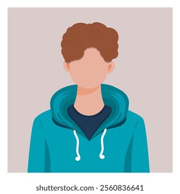 Minimalist vector illustration of a young boy with curly brown hair, wearing a teal hoodie and dark shirt, on a beige background.