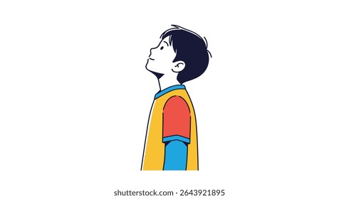 Minimalist Vector Illustration of Young Boy Looking Upward Lost in Daydreaming Moment