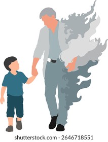 Minimalist vector illustration of a young boy holding hands with his grandfather, whose body fades into smoke, symbolizing memory, loss, and emotional connection.