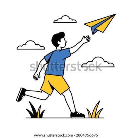 A minimalist vector illustration of a young boy running on a grassy field and launching a yellow and blue paper airplane. Simple line art style representing freedom imagination and happy childhood memories.