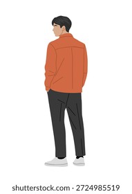 Ilustración vectorial minimalista de un hombre joven por detrás con una chaqueta de color naranja óxido, pantalones negros y zapatillas blancas, estilo moderno limpio sobre fondo blanco.