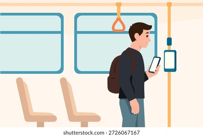 Ilustración vectorial minimalista de un joven que viaja en transporte público mientras revisa su teléfono inteligente. Concepto de movilidad urbana y digitalización.