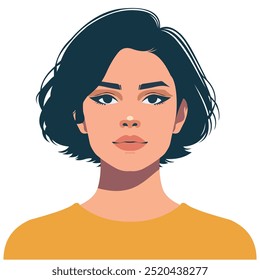 A minimalist vector illustration of a young woman with short dark hair, wearing a mustard yellow top. The portrait showcases her calm expression, creating a modern and stylish look.