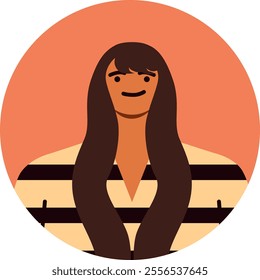 Minimalist vector illustration of a young woman with long brown hair, wearing a striped shirt, smiling subtly against a round orange backdrop, creating a simple yet stylish profile picture