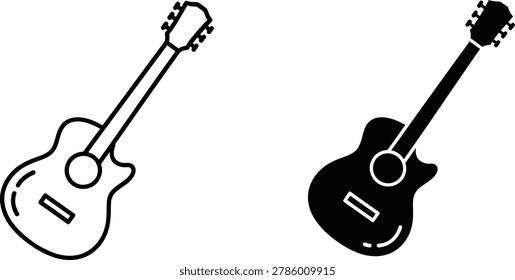 Minimalist vector illustrations depict an acoustic guitar in line art and solid black form. Useful for music lessons and creative projects.