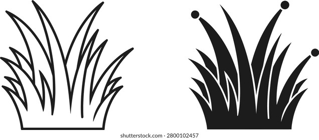 Minimalist vector illustrations of grass blades one outlined and one filled with subtle dew drops accenting the tops. Ideal for nature and outdoor themes.