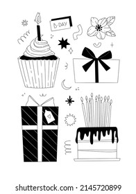 Minimalist vector illustrations - happy birthday outline elements in 80s - 90s style. Cake, cupcake, candles, stars, gifts and presents. Perfect for bday cards, posters, prints, blogs