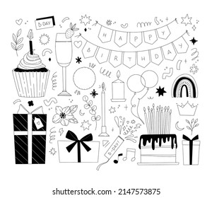 Minimalist vector illustrations - happy birthday outline elements in 80s - 90s style. Cake, cupcake, candles, stars, champagne and other drawings. Perfect for bday cards, posters, prints, blogs