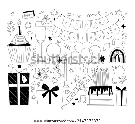 Minimalist vector illustrations - happy birthday outline elements in 80s - 90s style. Cake, cupcake, candles, stars, champagne and other drawings. Perfect for bday cards, posters, prints, blogs