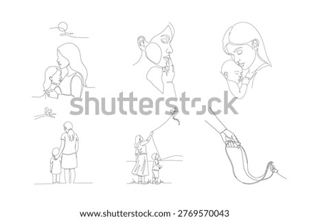 Minimalist vector illustrations of motherhood experiences showing guidance affection childhood play and tender emotional bonding.