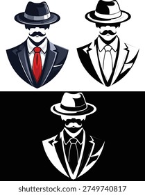 Minimalist vector illustrations of a suave man with a fedora, mustache, and suit in different color themes.
