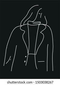 Minimalist vector image. Line drawing of a girl in jacket. Black and white fashion illustration