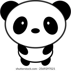 A minimalist vector image of a panda, featuring bold black and white shapes, with large expressive eyes and rounded ears