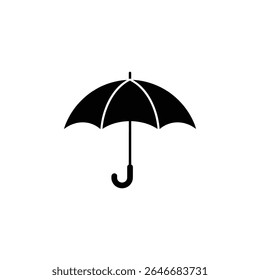 A minimalist vector image showcasing a closed, solid black umbrella, its curved handle centered, set against a stark white backdrop. Protective gear for rainy weather.