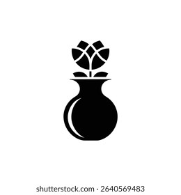 A minimalist vector image shows a stylized rose bud with leaves in a simple black vase against a clean white background. A stylish botanical icon.