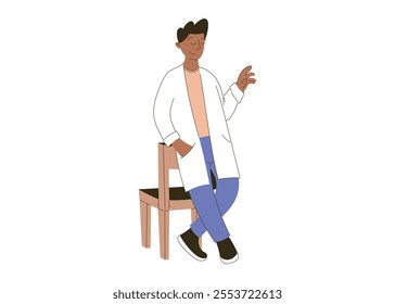 Minimalist vector isolated flat illustration of medical professional, man doctor, leaning on the back of a chair in a relaxed pose. Healthcare, education, or wellness themed projects.