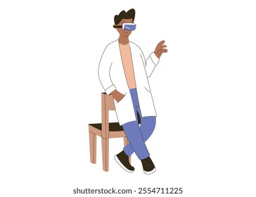 Minimalist vector isolated flat illustration of medical professional, man doctor in vr, Headset leaning on the back of a chair in a relaxed pose. Healthcare, education, or wellness themed projects.