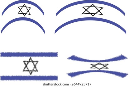 Variações minimalistas da bandeira israelense com faixas curvas abstratas e estrela de símbolos de David
