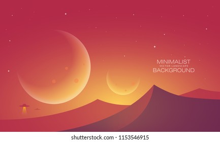 Minimalist vector landscape background, abstract sunset surface and a planet for your design.