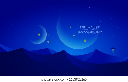 Minimalist vector landscape background, abstract sunset surface and a planet for your design.