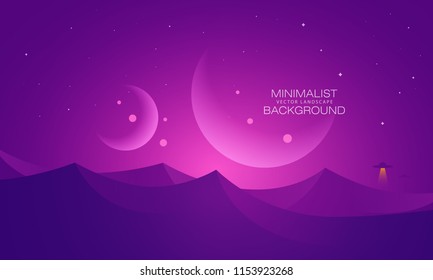 Minimalist vector landscape background, abstract sunset surface and a planet for your design.