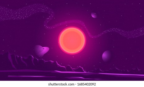 Minimalist vector landscape background, abstract sunset surface and a planet for your design.