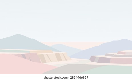 Minimalist vector landscape background featuring an open pit mining site, terraced quarry mountains, and plateau rocks under a clear blue sky. Clean pastel illustration perfect for industrial banners, geology backdrops, website headers, and corporate environmental graphic designs