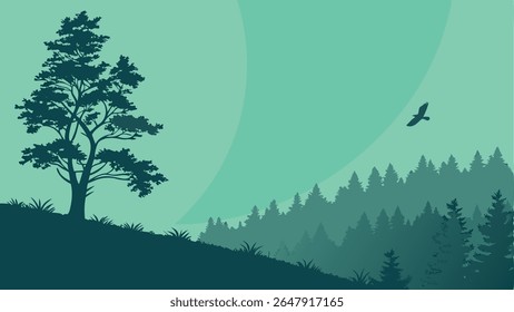 Minimalist vector landscape featuring a lone tree on a hill, a dense forest, and a soaring bird under a tranquil sky. Serene nature scene, ideal for backgrounds and outdoor themes.