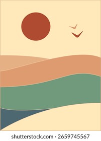 Minimalist vector landscape featuring a sunset, rolling hills, and flying birds. Warm earth tones and abstract curves create a calm, scenic nature illustration.

