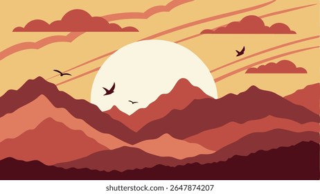 Minimalist vector landscape illustration depicting a vibrant sunset or sunrise over majestic mountains, with birds soaring through a warm, cloudy sky.