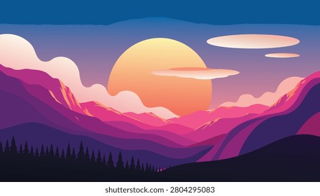 Minimalist vector landscape illustration of a dramatic sunset over layered mountain ridges with a large sun, soft clouds, and a forest silhouette.