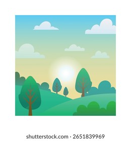 Minimalist vector landscape illustration featuring rolling green hills dotted with stylized trees under a soft, pastel sunset sky with fluffy white clouds