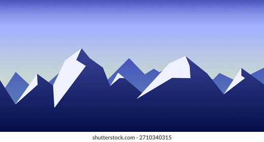 Minimalistische Vektorgrafik mit Berggipfeln mit schneebedeckten Gipfeln und Farbverlauf-Himmel. Perfekt für Hintergründe, Outdoor-Design und Banner.